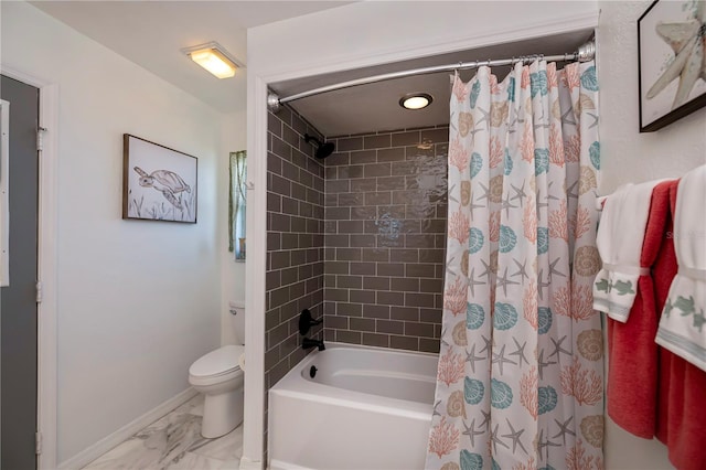 full bathroom featuring shower / bath combo with shower curtain, toilet, baseboards, and marble finish floor