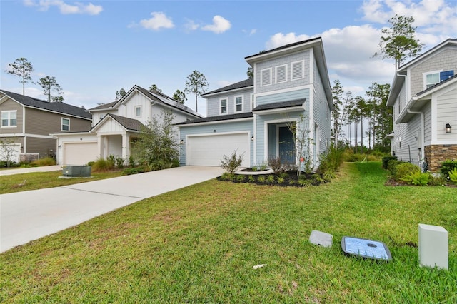 view of front facade with a front lawn, central air condition unit, and a garage