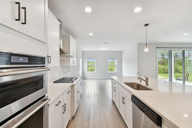 kitchen featuring a wealth of natural light, light hardwood / wood-style floors, sink, and appliances with stainless steel finishes