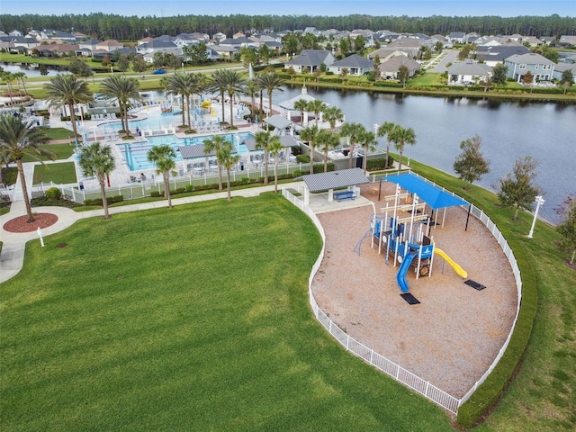 drone / aerial view with a water view