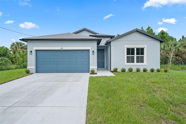 single story home featuring a front lawn and a garage