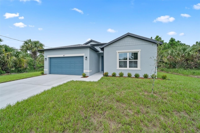 single story home featuring a front lawn and a garage