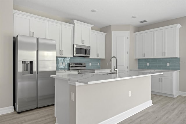 3883 Dominic St, North Port, FL 34288 - kitchen featuring visible vents, light wood-style floors, an island with sink, a sink, and appliances with stainless steel finishes