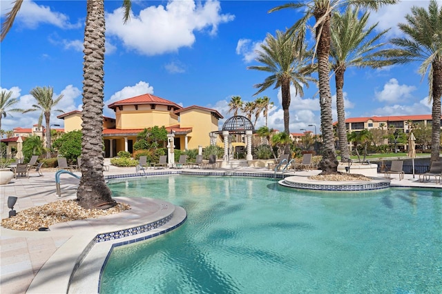 view of swimming pool featuring a patio area