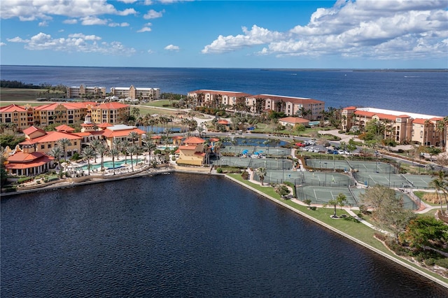 drone / aerial view with a water view