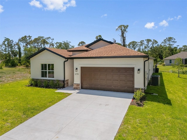 3779 Clearfield St, North Port, FL 34286 - ranch-style home featuring an attached garage, central AC unit, a front lawn, and driveway