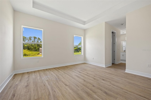 3779 Clearfield St, North Port, FL 34286 - spare room featuring baseboards, light wood-style flooring, and a tray ceiling