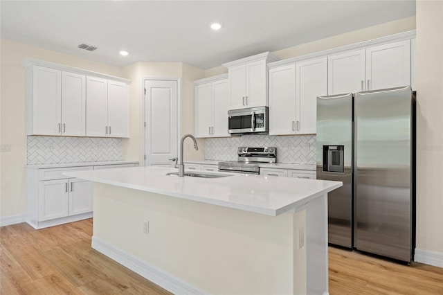 1415 Nackman Rd, North Port, FL 34288 - kitchen featuring appliances with stainless steel finishes, a sink, white cabinetry, a center island with sink, and backsplash