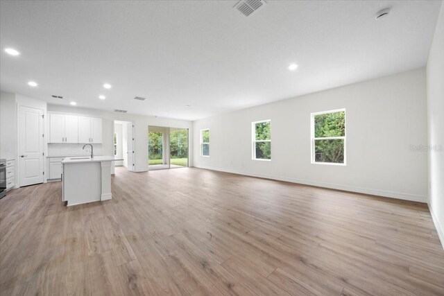 unfurnished living room with light hardwood / wood-style flooring and sink