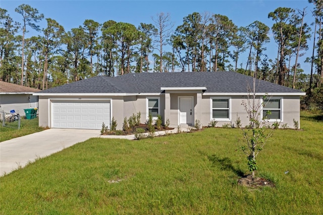 ranch-style house with a front lawn and a garage