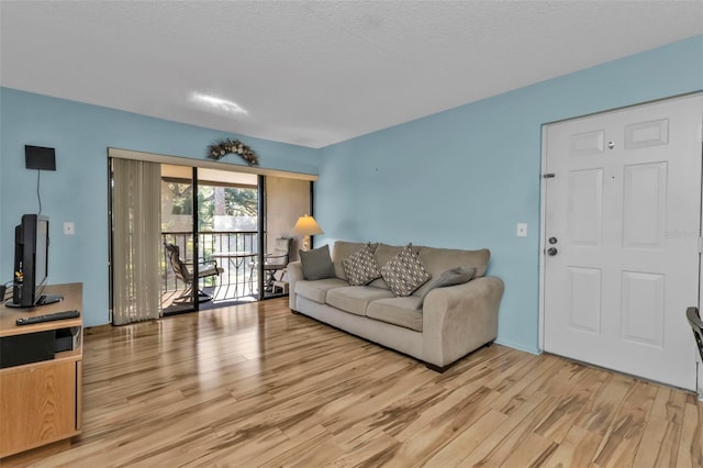 living room with a textured ceiling and light wood-type flooring