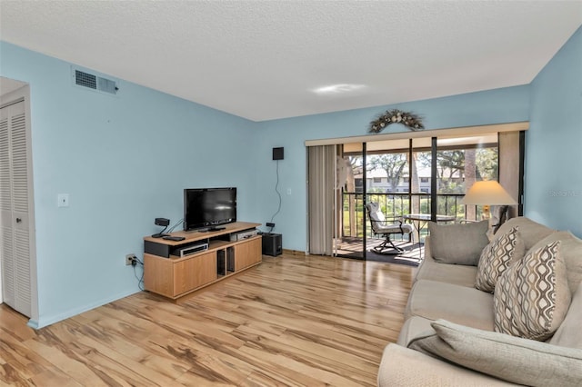 living room featuring light hardwood / wood-style floors and a textured ceiling