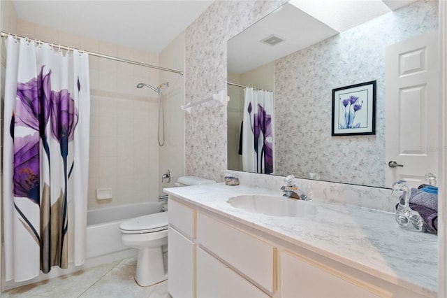 full bathroom featuring vanity, tile patterned flooring, toilet, and shower / bath combination with curtain