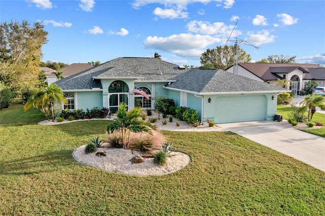 ranch-style house featuring a garage and a front yard