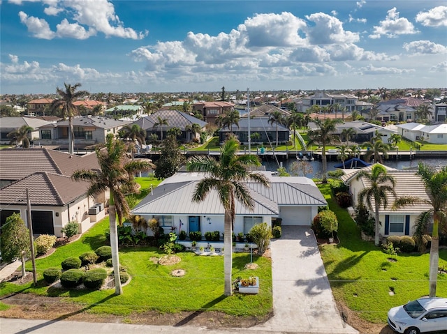 aerial view featuring a water view