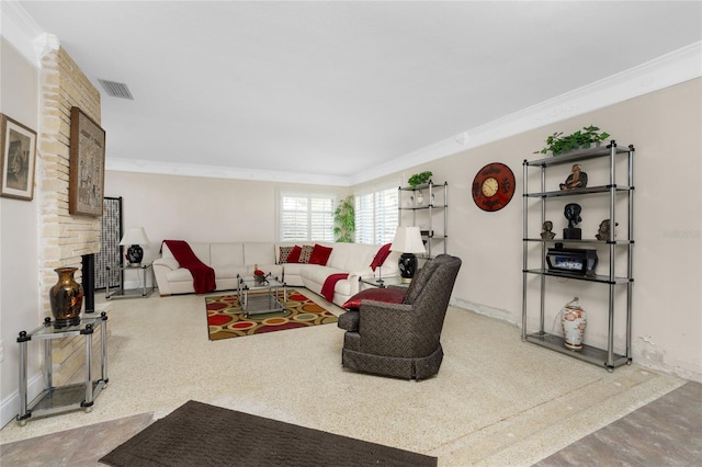 living room featuring crown molding and a fireplace