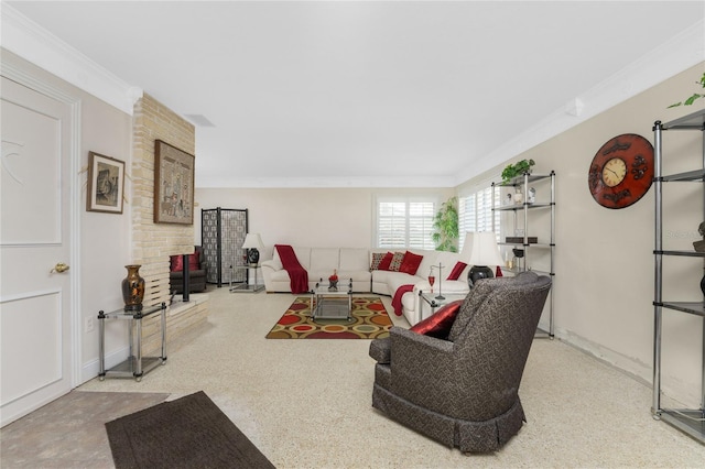 living room with ornamental molding