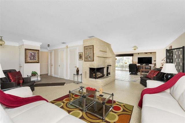 living room with a fireplace and ornamental molding