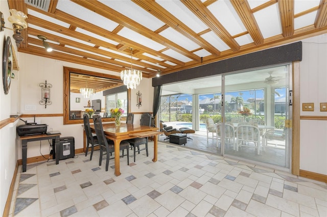 dining room with ceiling fan with notable chandelier