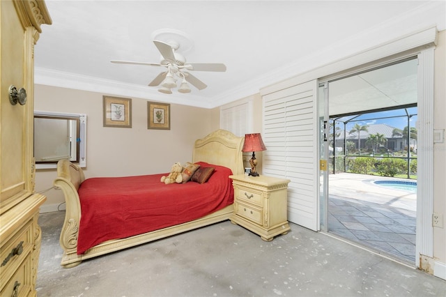 bedroom with ceiling fan, access to exterior, and crown molding