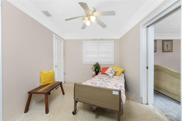 bedroom with ceiling fan and crown molding