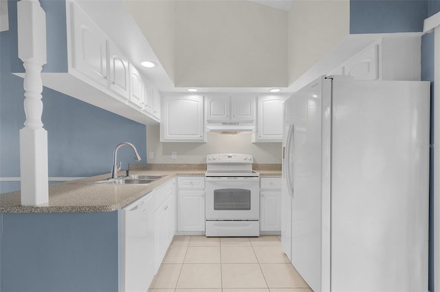 kitchen featuring white cabinets, premium range hood, light tile patterned flooring, sink, and white appliances