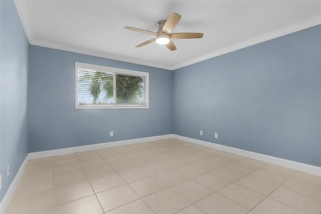 unfurnished room featuring crown molding, light tile patterned flooring, and ceiling fan