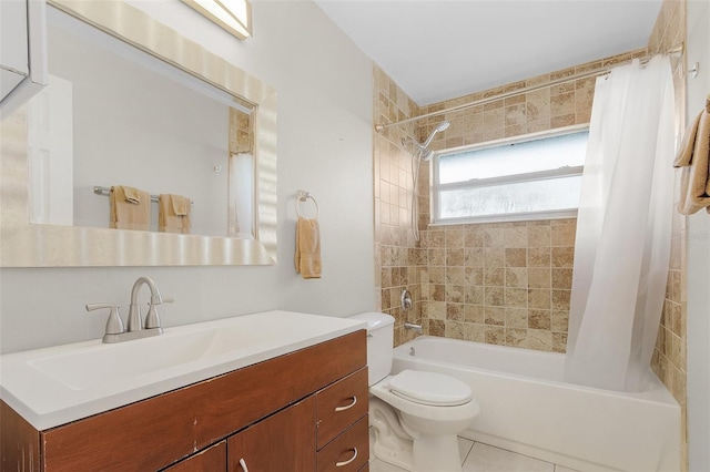 full bathroom with vanity, shower / tub combo with curtain, toilet, and tile patterned floors