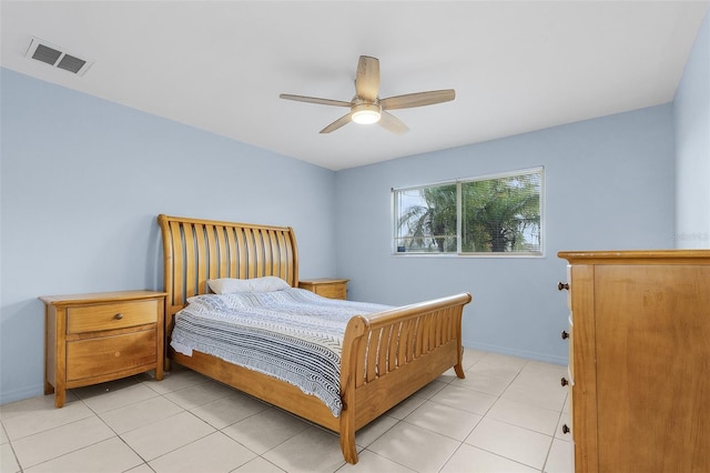 bedroom featuring ceiling fan and light tile patterned flooring