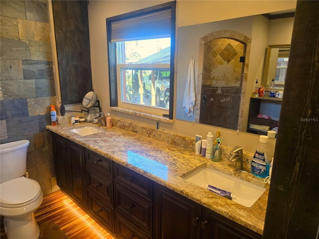 bathroom with vanity, toilet, wood-type flooring, and tile walls