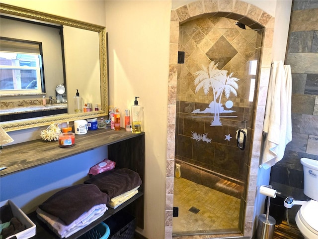 bathroom with vanity, toilet, and an enclosed shower