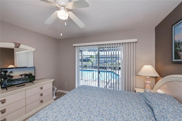 bedroom featuring access to outside and ceiling fan