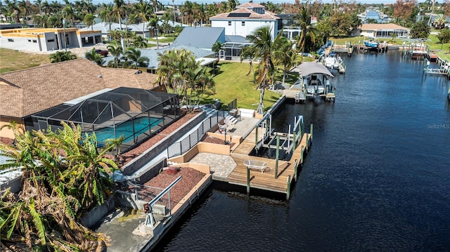 drone / aerial view featuring a water view