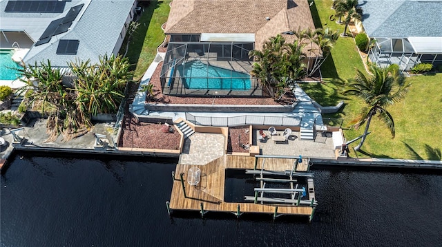 drone / aerial view featuring a water view