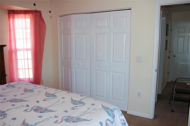 carpeted bedroom featuring multiple windows and a closet