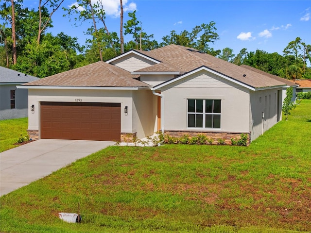 1293 Preston St, Port Charlotte, FL 33952 - ranch-style house with a garage, stone siding, a front yard, driveway, and stucco siding