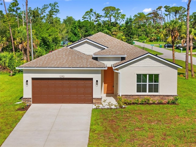 1293 Preston St, Port Charlotte, FL 33952 - ranch-style home featuring an attached garage, stone siding, driveway, roof with shingles, and a front yard