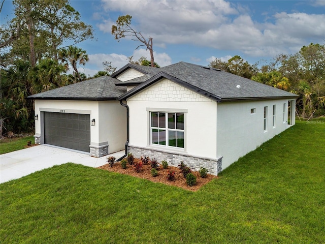 view of property exterior featuring a garage, stone siding, concrete driveway, and a yard