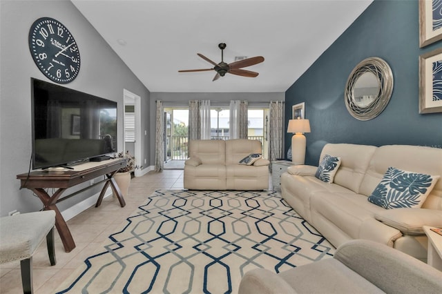 2000 Bal Harbor Blvd Unit 321, Punta Gorda, FL 33950 - living area featuring visible vents, ceiling fan, light tile patterned floors, and vaulted ceiling
