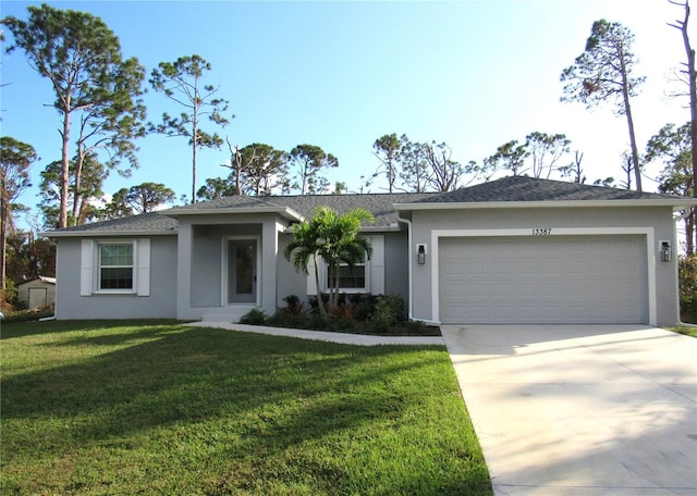 ranch-style house with a garage and a front yard