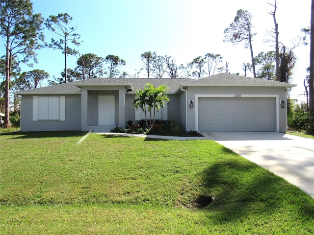 single story home featuring a garage and a front yard