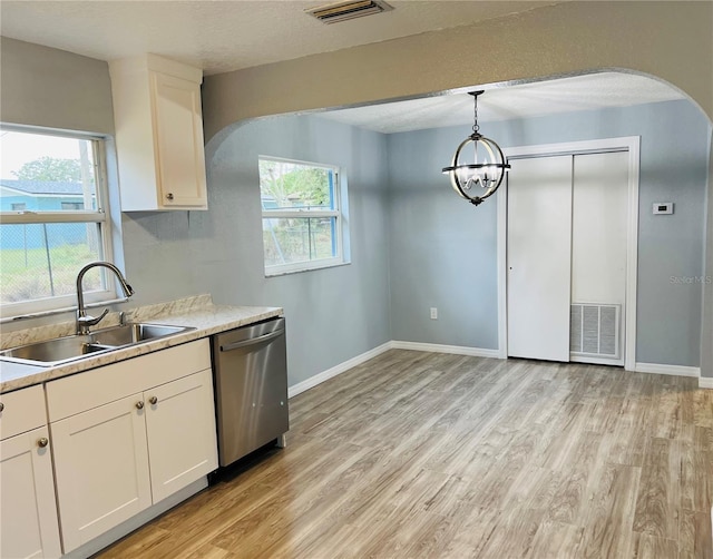 kitchen featuring white cabinets, sink, hanging light fixtures, stainless steel dishwasher, and plenty of natural light