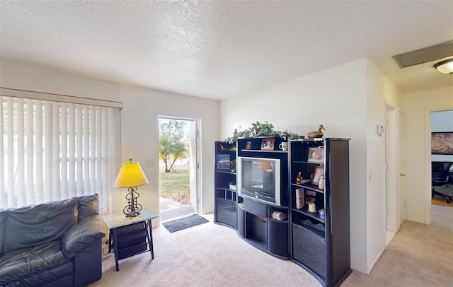 carpeted living room with a textured ceiling