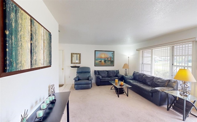 living room with a textured ceiling and light colored carpet