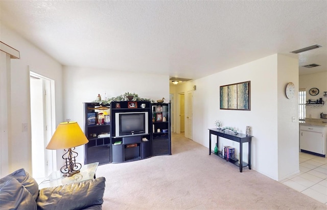 carpeted living room with a textured ceiling