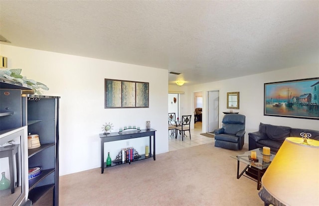 carpeted living room with a textured ceiling