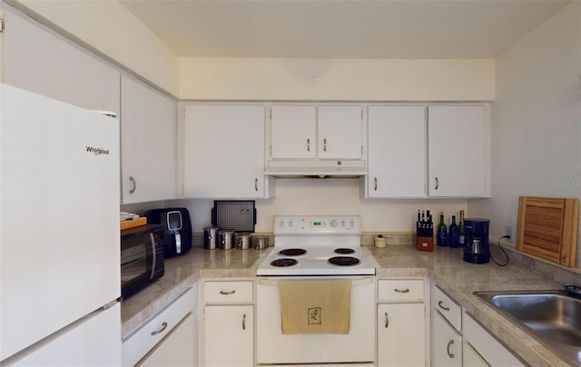 kitchen featuring white cabinets, white appliances, and sink