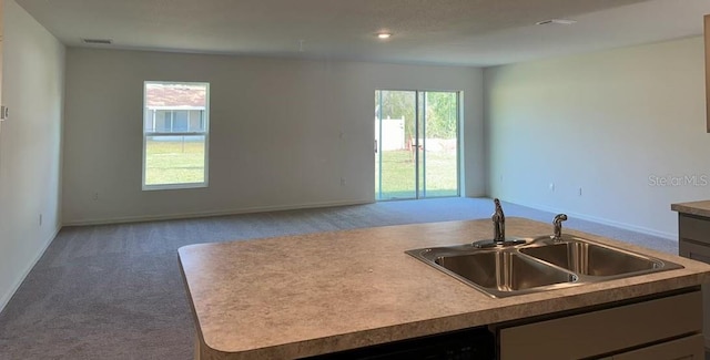 kitchen featuring an island with sink, plenty of natural light, sink, and carpet flooring