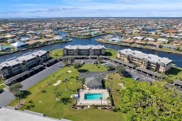 aerial view featuring a water view