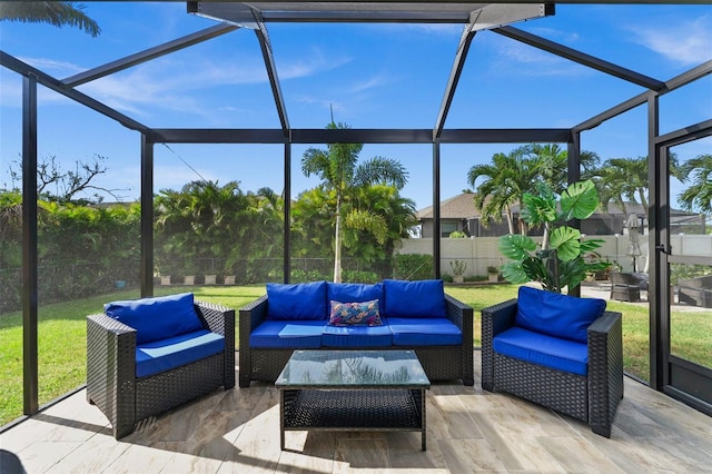 view of patio with an outdoor hangout area and a lanai